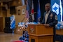 U.S. Air Force Chief Master Sgt. Leon Calloway, United States Forces Japan (USFJ) senior enlisted leader, gives a speech during a Chief Master Sergeant Recognition Ceremony at Misawa Air Base, Japan, March 9, 2024.