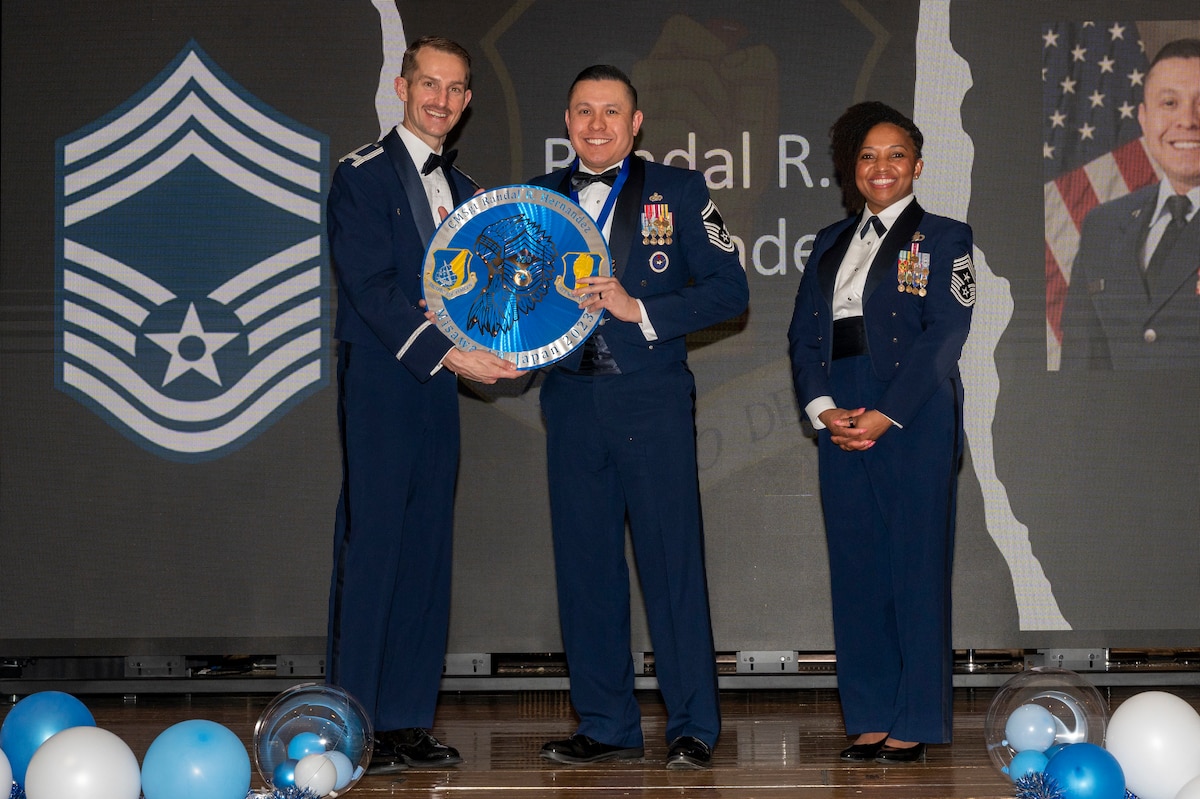 U.S. Air Force Chief Master Sgt. Randal Hernandez, 35th Logistic Readiness Squadron superintendent, is given a recognition plaque during a Chief Master Sergeant Recognition Ceremony at Misawa Air Base, Japan, March 9, 2024.