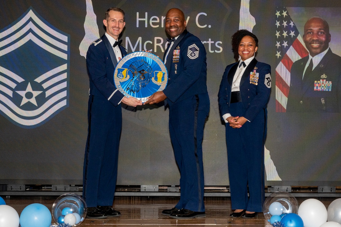 U.S. Air Force Senior Master Sgt. Henry McRoberts III, 35th Maintenance Squadron armament flight chief, is given a recognition plaque during a Chief Master Sergeant Recognition Ceremony at Misawa Air Base, Japan, March 9, 2024.