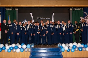 Chief Master Sergeants of Misawa Air Base pose for a group photo during the Chief Master Sergeant Recognition Ceremony at Misawa Air Base, Japan, March 9, 2024.