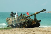 Republic of Korea (ROK) Marines bring a tank to shore as part of an amphibious assault on Hat Yao Beach during the Cobra Gold exercise, Rayong Province, Thailand, March 1, 2024. Exercise Cobra Gold is the largest joint exercise in mainland Asia and a concrete example of the strong alliance and strategic relationship between Thailand and the United States. This year is the 43rd iteration of the multilateral exercise which occurs between Feb. 27 to March 8, 2024. (U.S. Marine Corps photo by Cpl. Emily Weiss)