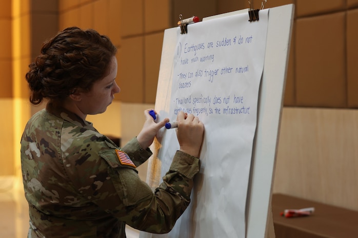 A U.S. Army Soldier participates in a group activity to discuss disaster relief scenarios while attending the humanitarian assistance disaster relief (HADR) table-top exercise during Cobra Gold 24 in Chonburi Province, Kingdom of Thailand, Feb. 20, 2024. Joint Exercise Cobra Gold is the largest joint exercise in mainland Asia and a concrete example of the strong alliance and strategic relationship between Thailand and the United States. This year is the 43rd iteration of the multilateral exercise and occurs between Feb. 27 to March 8, 2024. (U.S. Marine Corps photo by Cpl. Emily Weiss)