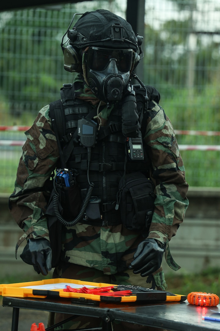 A Royal Thai Navy sailor utilizes a testing kit to evaluate samples for chemical, biological, radiological, nuclear contaminants while participating in a non-combatant evacuation operation during exercise Cobra Gold 24, U-Tapao, Rayong province, Thailand, March 3, 2024. Exercise Cobra Gold is the largest joint exercise in mainland Asia and a concrete example of the strong alliance and strategic relationship between Thailand and the United States. This year is the 43rd iteration of the multilateral exercise, which occurs between Feb. 27 to March 8, 2024. (U.S. Marine Corps photo by Cpl. Emily Weiss)