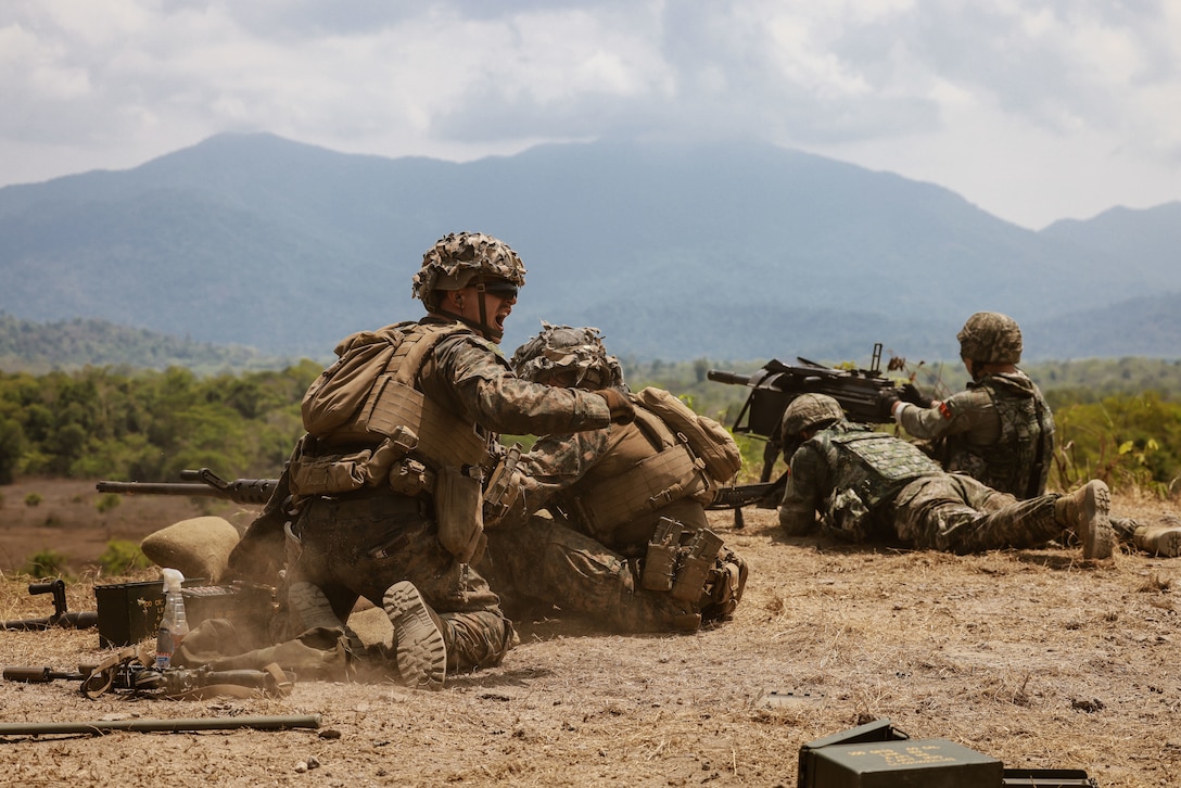 U.S. and Republic of Korea Marines fire a .50 caliber machine gun and Mark 19 40mm grenade machine gun at simulated enemy targets during a combined arms live-fire exercise at Exercise Cobra Gold in Chanthaburi province, Thailand, March 8, 2024. Cobra Gold, now in its 43rd year, is a Thai-U.S. co-sponsored training event that builds on the long-standing friendship between the two allied nations and brings together a robust multinational force to promote regional peace and security in support of a free and open Indo-Pacific. (U.S. Marine Corps photo by Cpl. Aidan Hekker)