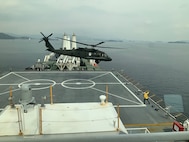 U.S. Army UH-60M Black Hawk helicopter with 2nd Battalion, 2nd Aviation Regiment, 2nd Combat Aviation Brigade takes off from prepositioning ship USNS Dahl (T-AKR 312), March 7. (Courtesy photo)