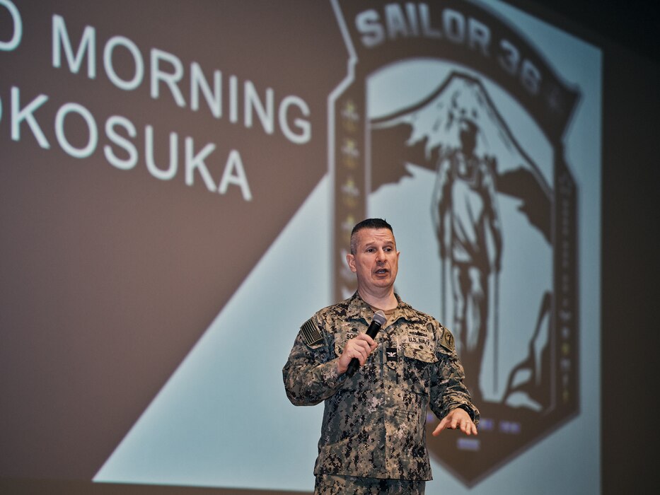 Commander, Fleet Activities Yokosuka, Capt. Les Sobol, welcomes about 50 Sailors to the installation's first Sailor 360 training session March 12, 2024 at the Benny Decker Theater.