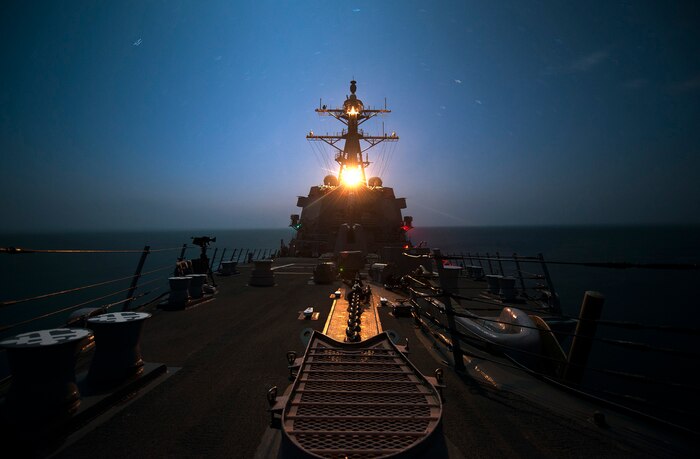 The guided missile destroyer USS Bulkeley (DDG 84) patrols Feb. 6, 2014, in the Gulf of Oman. The Bulkeley was deployed as part of the Harry S. Truman Carrier Strike Group supporting maritime security operations and theater security cooperation efforts in the U.S. 5th Fleet area of responsibility. (DoD photo by Mass Communication Specialist 2nd Class Donald R. White Jr., U.S. Navy/Released)