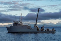 Battle Point YTT-10, a Cape Flattery-class torpedo trial craft, also known as a Yard Torpedo Tender, participates in range operations on the Strait of Georgia in an area known as "Whiskey Golf" Feb. 14, 2024. The range area is operated by Canadian Forces Maritime Experimental and Test Ranges, a joint Canadian/U.S. facility situated on the east side of Vancouver Island. The test range is several hundred meters deep, several dozen kilometers long and several kilometers wide over a seabed composed of soft mud and free of underwater obstacles.