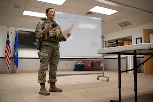 U.S. Air Force Staff Sgt. Jessica Poteet, 1st Special Operations Security Forces Squadron Base Defense Operations Center controller, trains members of the 1st SOSFS during a Female Defender Initiative meeting at Hurlburt Field, Florida, Feb. 21, 2024.