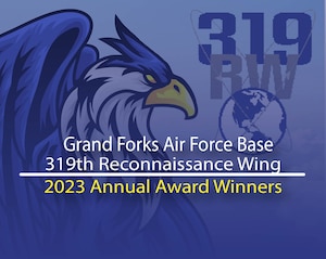 Graphic displaying a griffin with text reading grand forks air force base, 319th reconnaissance wing, 2023 annual award winners.