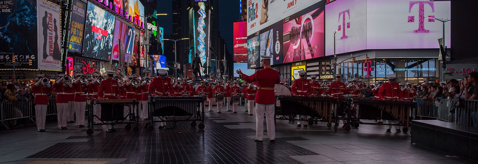 The Commandant&#39;s Own performs in Times Square as a part of Fleet Week New York, May 25, 2019. Marines, Sailors and Coast Guardsmen are in New York to interact with the public, demonstrate capabilities and teach the people of New York about America&#39;s sea services. (U.S. Marine Corps photo by Sgt. Daniel Jean-Paul)