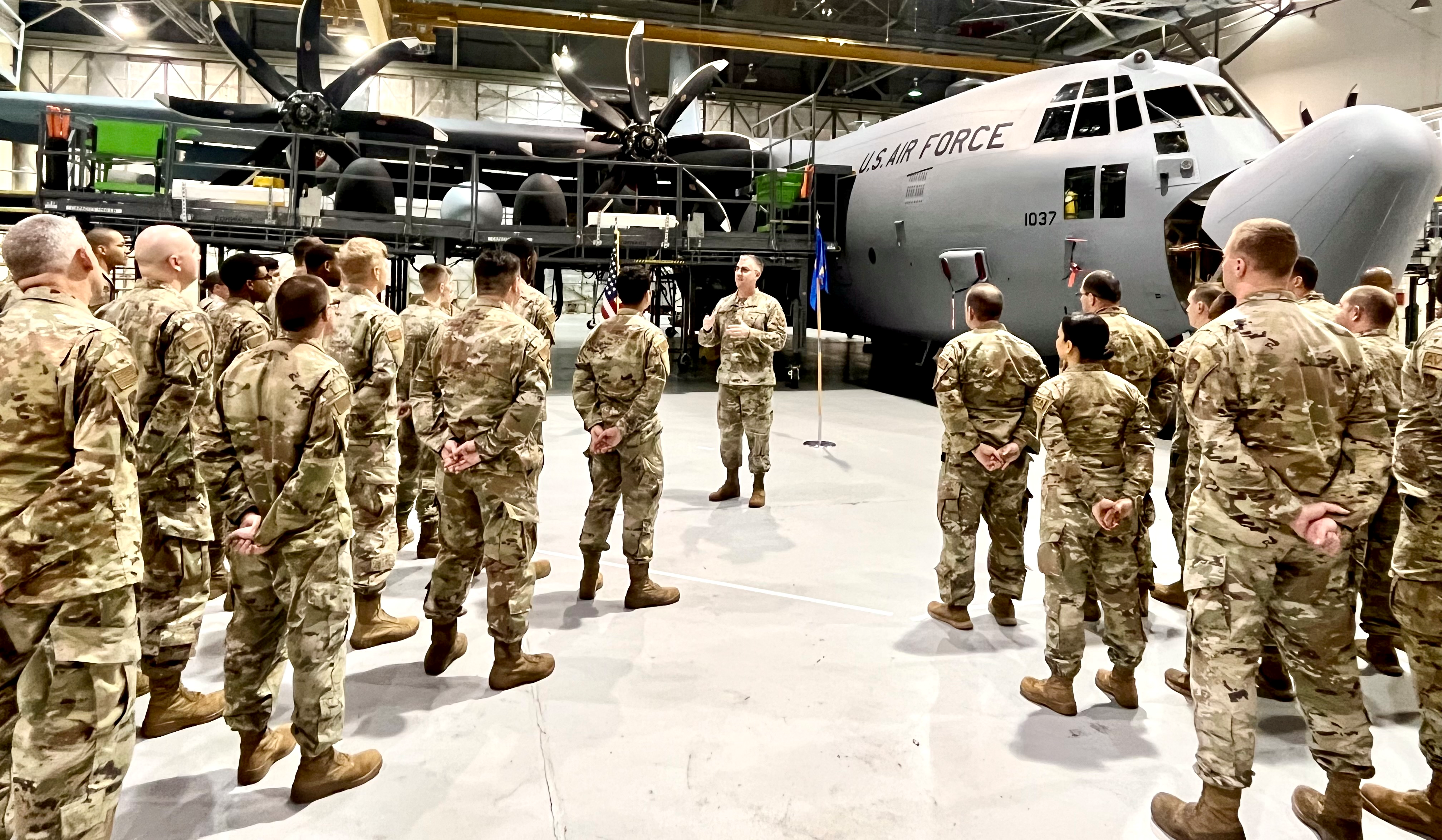 Brig. Gen. James Hartle, U.S. Air Force Associate Director of Logistics and Deputy Chief of Staff for Logistics, Engineering and Force Protection Directorate, talks to Airmen from the 94th Maintenance Group during a visit to Dobbins Air Reserve Base, Ga., on March 2, 2024. Hartle’s visit was an opportunity for Airmen to learn more about their roles as the Air Force reoptimizes its forces and capabilities during the Great Power Competition. (U.S. Air Force photo by Capt. Paris Krula)