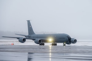 A U.S. Air Force KC-135 Stratotanker, from the 914th Air Refueling Wing, taxis on a runway at Luleå-Kallax Air Base, Sweden, Mar. 2, 2024