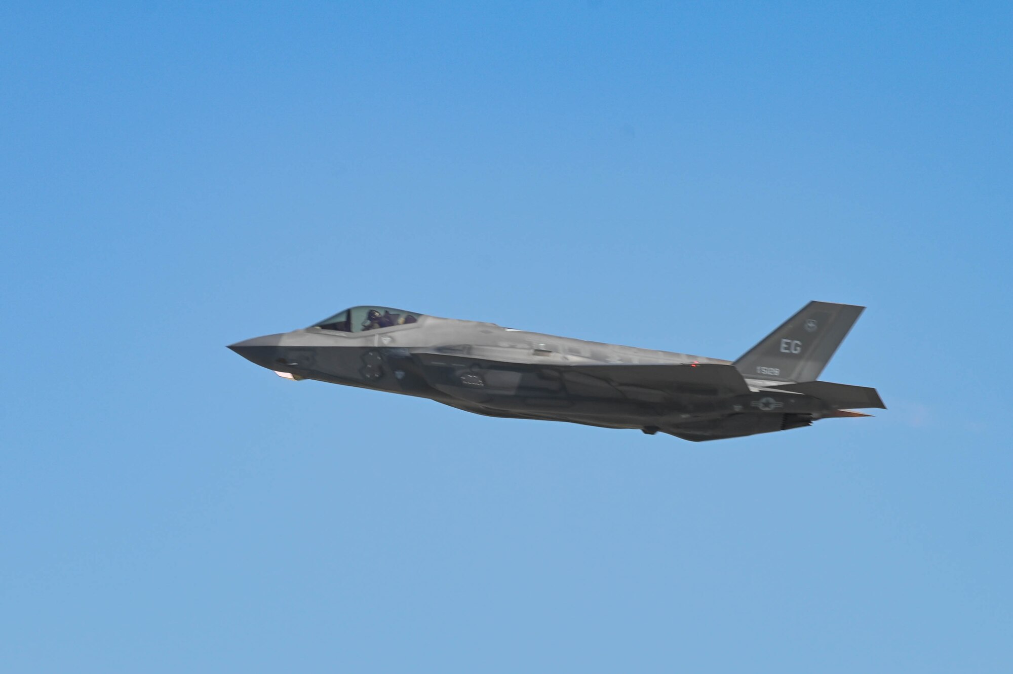 An F-35A Lightning II, assigned to the 58th Fighter Squadron, takes off at Eglin Air Force Base Florida, Feb. 20, 2024.