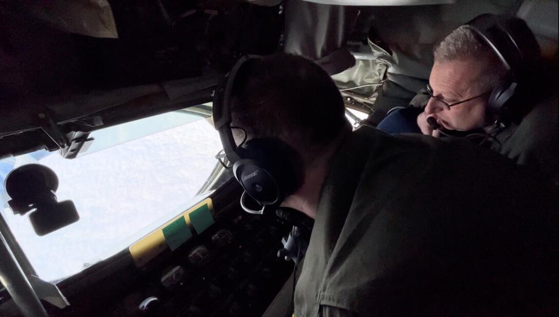 U.S. Air Force Tech. Sgt. Michael Randolph and Master Sgt. Moe Shivers, boom operators with the 914th Air Refueling Wing, refuel a Norwegian F-35 Lightning II from a KC-135 Stratotanker over the High North during Nordic Response 24, March 8, 2024