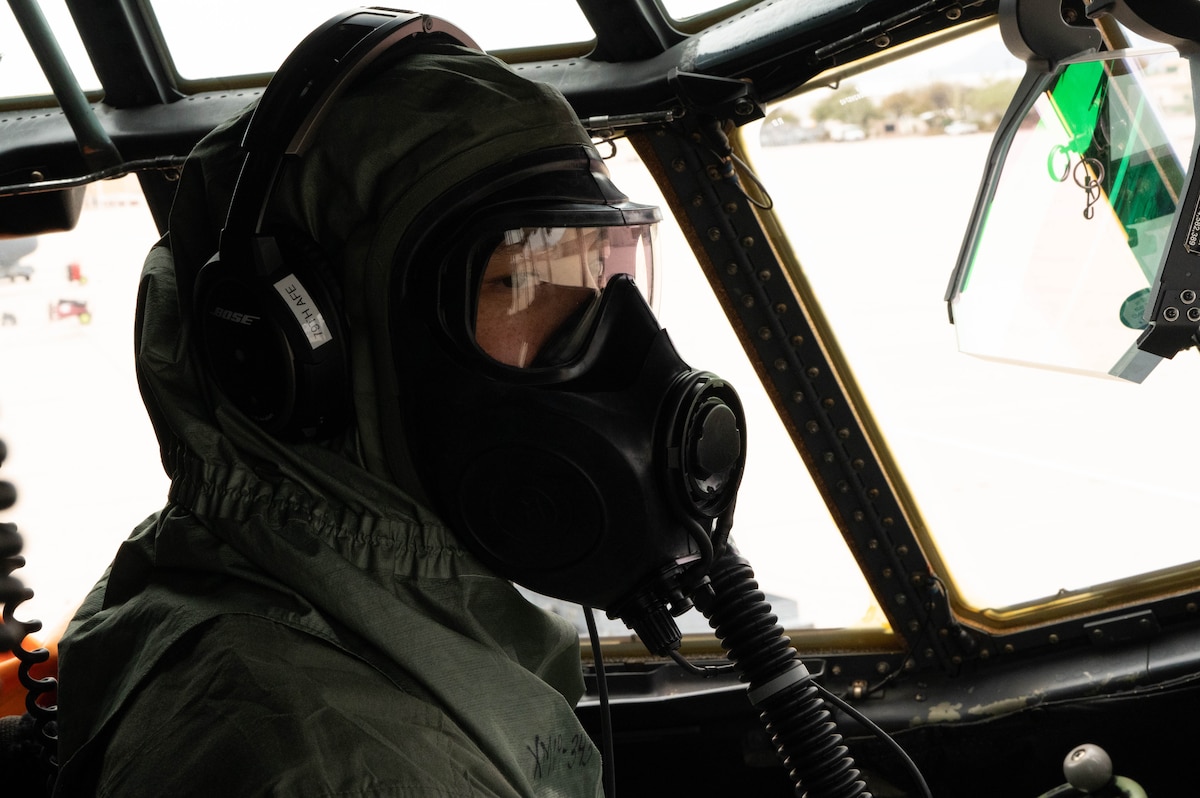 U.S. Air Force Capt. Natan Cohen, 563rd Operations Support Squadron A3 director and HC-130J Combat King II aircraft pilot, trains with the new M69 Joint Service Aircrew Mask Strategic Aircraft respirator mask at Davis-Monthan Air Force Base, Ariz., March 6 2024. The new equipment training provided aircrew real-time experience with the new M69 respirator masks. (U.S. Air National Guard photo by Senior Airman Guadalupe Beltran)