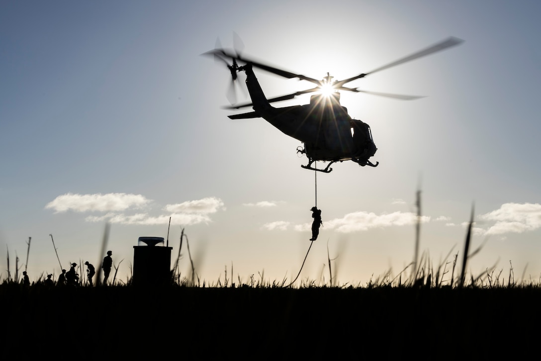U.S. Marines with 1st Air Naval Gunfire Liaison Company, I Marine Expeditionary Force Information Group, participate in helicopter rope suspension technique training during the ANGLICO Basic Course at Marine Corps Base Camp Pendleton, California, Mar. 4, 2024. The course is intended to develop the proficiency of Marines and Sailors in infantry tactics, patrolling, small arms, communications, operations in the information environment, field craft, call for fire, HRST and other specialized skills. (U.S. Marine Corps photo by Sgt. Carl Matthew Ruppert)