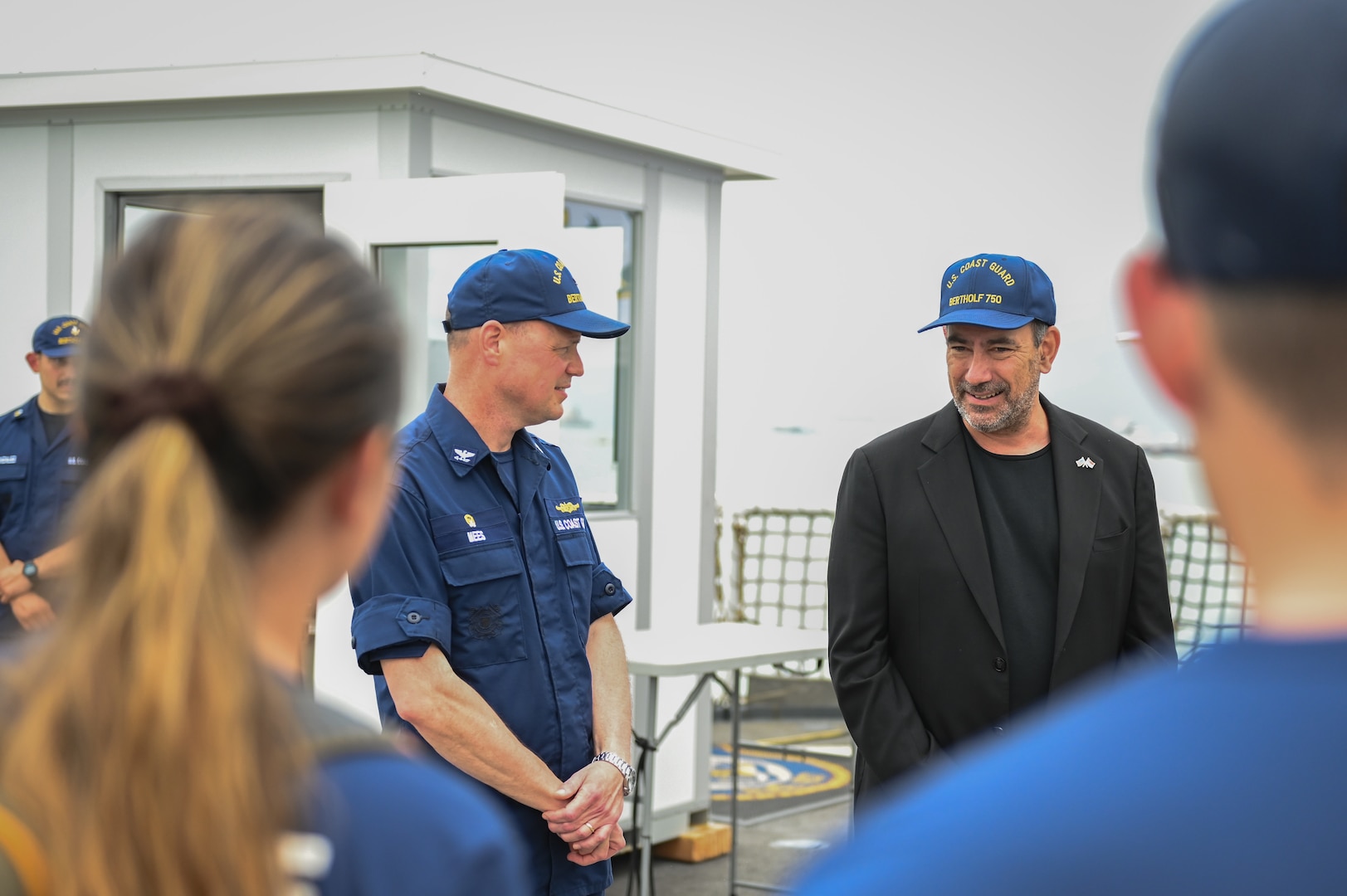 Mr. Jonathan Kaplan, U.S. Ambassador to Singapore, speaks to crewmembers from U.S. Coast Guard Cutter Bertholf (WMSL 750) after completing a tour of the cutter while it was moored in Singapore, Feb. 27, 2024. The crew of the Bertholf is on a several-month deployment to promote a free and open Indo-Pacific. (U.S. Coast Guard photo by Petty Officer Steve Strohmaier)