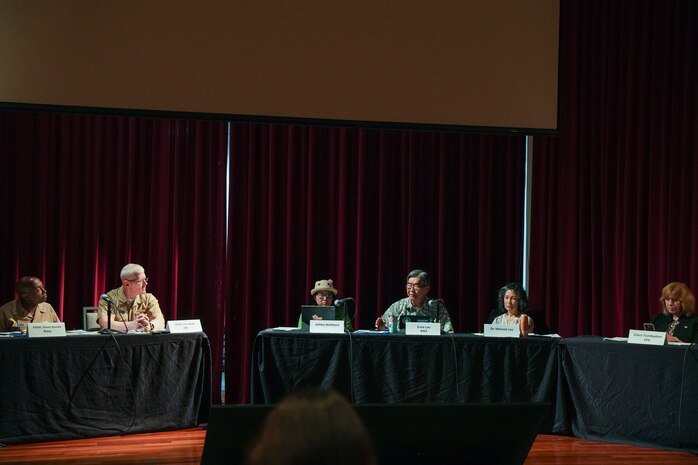 Navy Closure Task Force-Red Hill (NCTF-RH) Commander, U.S. Navy Rear Adm. Stephen Barnett and NCTF-RH  personnel answer questions provided by  members of the Fuel Tank Advisory Committee at the Hawaii Convention Center, Honolulu, Hawaii, March 7, 2024.