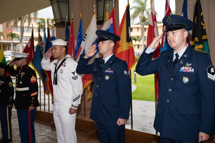 Airmen, Sailors, Marines, Soldiers, and Guardians salute Lithuanian Chief of Defense Gen. Valdemaras Rupsys during an honors ceremony, welcoming him to the U.S. Indo-Pacific Command headquarters, Camp H.M. Smith, Hawaii, March 11, 2024. Rupsys met with USINDOPACOM leadership to discuss opportunities for cooperation in the Indo-Pacific. USINDOPACOM is committed to enhancing stability in the Asia-Pacific region by promoting security cooperation, encouraging peaceful development, responding to contingencies, deterring aggression and, when necessary, fighting to win. (U.S. Navy photo by Mass Communication Specialist 1st Randi Brown)