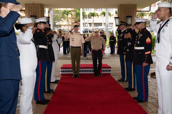 Gen. Valdemaras Rupsys, Lithuanian Chief of Defense, left, stands beside Lt. Gen. Stephen Sklenka, Deputy Commander of U.S. Indo-Pacific Command, right, during an honors ceremony at U.S. Indo-Pacific Command headquarters, Camp H.M. Smith, Hawaii, March 11, 2024. Rupsys met with USINDOPACOM leadership to discuss opportunities for cooperation in the Indo-Pacific. USINDOPACOM is committed to enhancing stability in the Asia-Pacific region by promoting security cooperation, encouraging peaceful development, responding to contingencies, deterring aggression and, when necessary, fighting to win. (U.S. Navy photo by Mass Communication Specialist 1st Randi Brown)