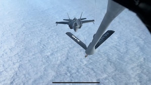 A Norwegian F-35 Lightning II, prepares to receive fuel from a 914th Air Refueling Wing KC-135 Stratotanker over the High North during Nordic Response 24, March 8, 2024.