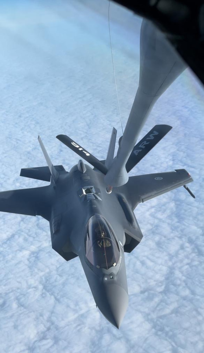 A Norwegian F-35 Lightning II, receives fuel from a 914th Air Refueling Wing KC-135 Stratotanker over the High North during Nordic Response 24, March 8, 2024