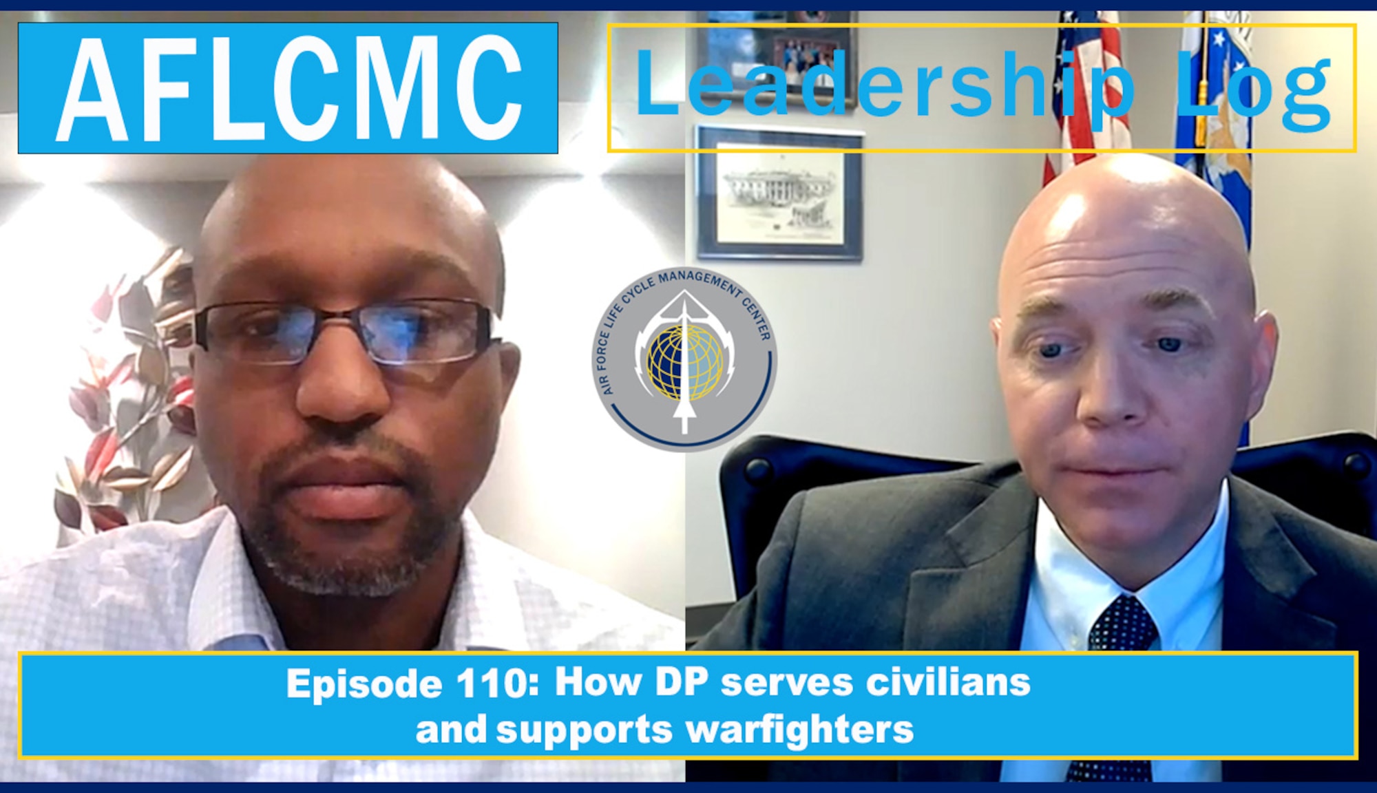 A thumbnail graphic for AFLCMC's "Leadership Log" podcast, episode 110.