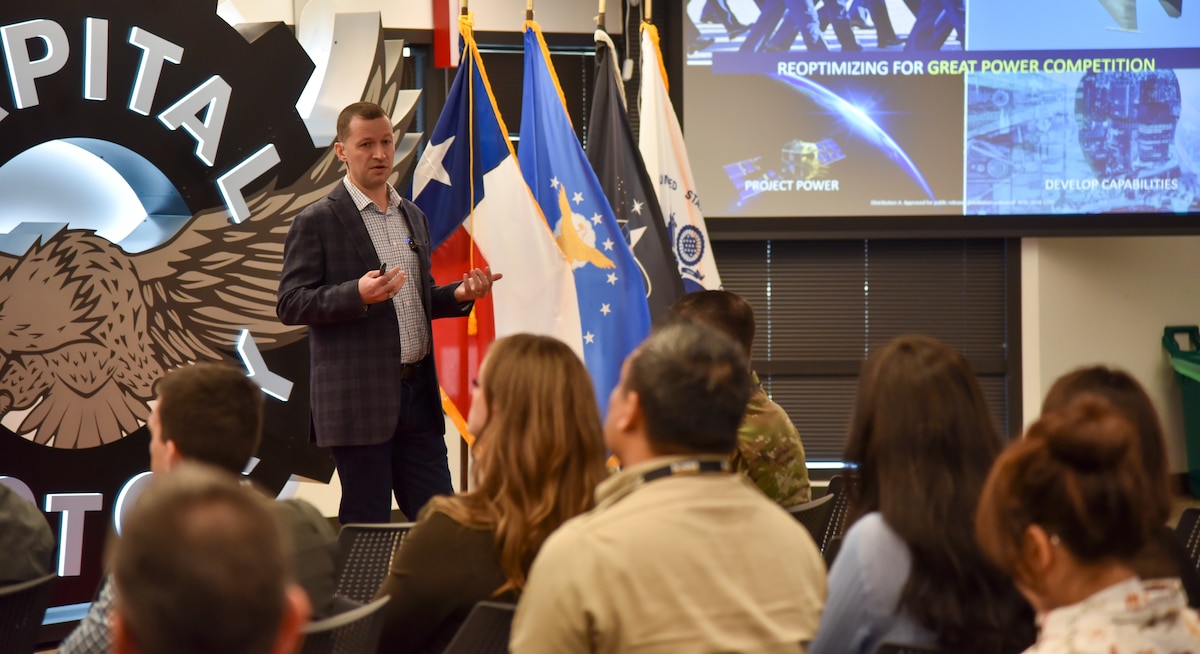 Col. Elliott Leigh, AFWERX director and chief commercialization officer for the Department of the Air Force, delivers the keynote address at South by Southwest in Austin, Texas, March 8, 2024.
