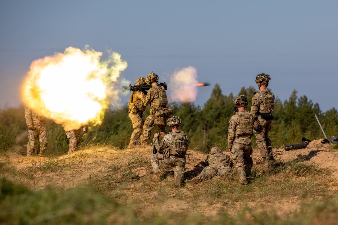 U.S. Army Soldiers with 1st Battalion, 506th Infantry Regiment "Red Currahee," 1st Infantry Brigade Combat Team, 101st Airborne Division (Air Assault), supporting 3rd Infantry Division, conducts live-fire on an M4 Carl Gustaf weapon during exercise Silver Arrow at Camp Adazi, Latvia, Sept. 17. The training focused on AT4-CS and M4 Carl Gustaf assigned teams engaging notional targets. The 3rd Infantry Division’s mission in Europe is to engage in multinational training and exercises across the continent, working alongside NATO allies and regional security partners to provide combat-credible forces to V Corps, America’s forward deployed corps in Europe.  (U.S. Army photo by Capt. H Howey)