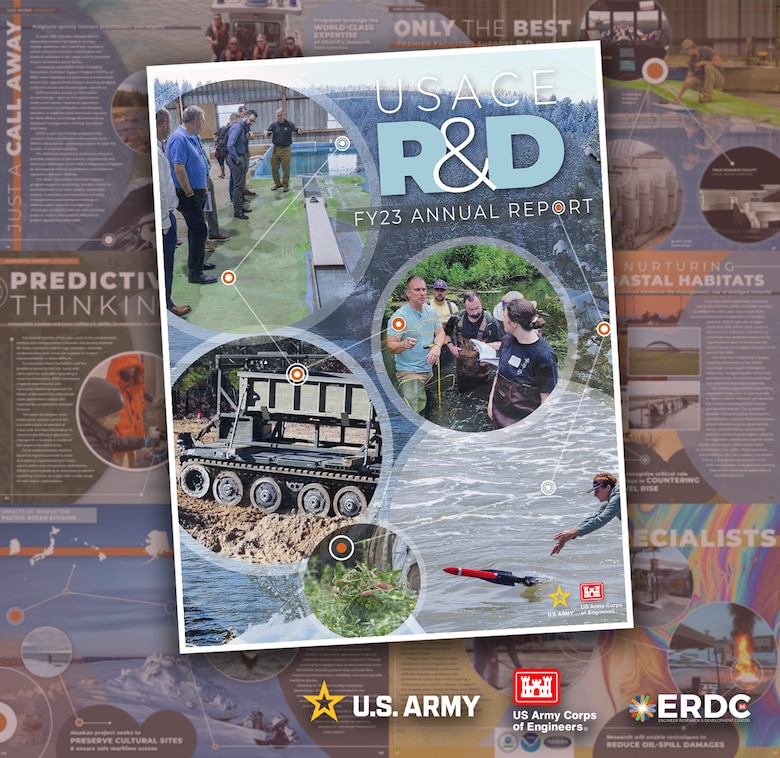 A graphic with multiple layers and color depicting people and equipment conducting various research and development activities.