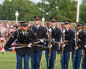Army Soldiers in dark ceremonial uniforms are standing in a line doing various movements with their rifles.