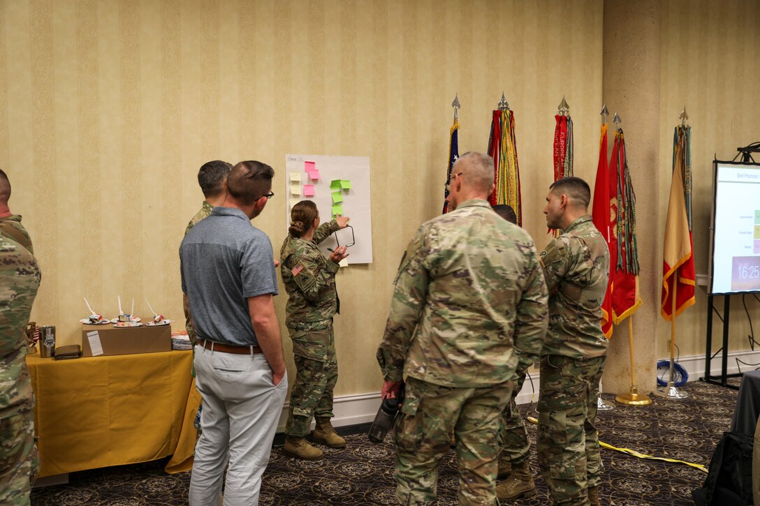 Brig. Gen. Peasley hosts the 451 ESC Training Year 25, Yearly Training Brief in Wichita, Kansas, March 1 - 3. Attendees discuss the steps for a typical Army administrative process. (U.S. Army Reserve photo by Capt. Derek Cobb)