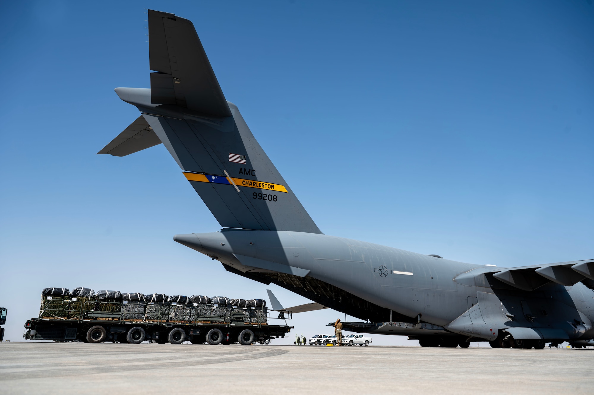 A C-17 is loaded with pallets of humanitarian aid destined for Gaza.