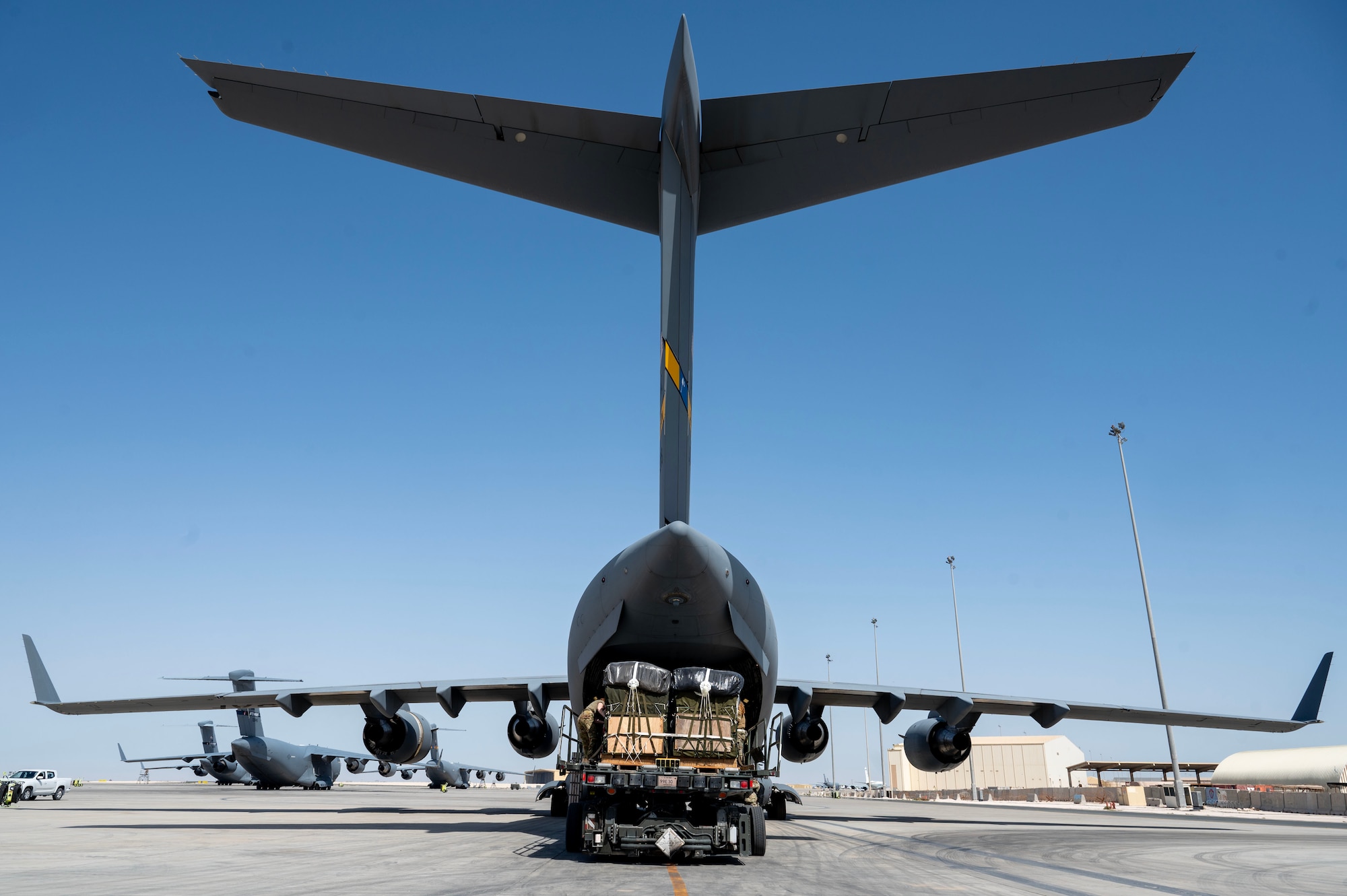 A C-17 is loaded with pallets of humanitarian aid destined for Gaza.