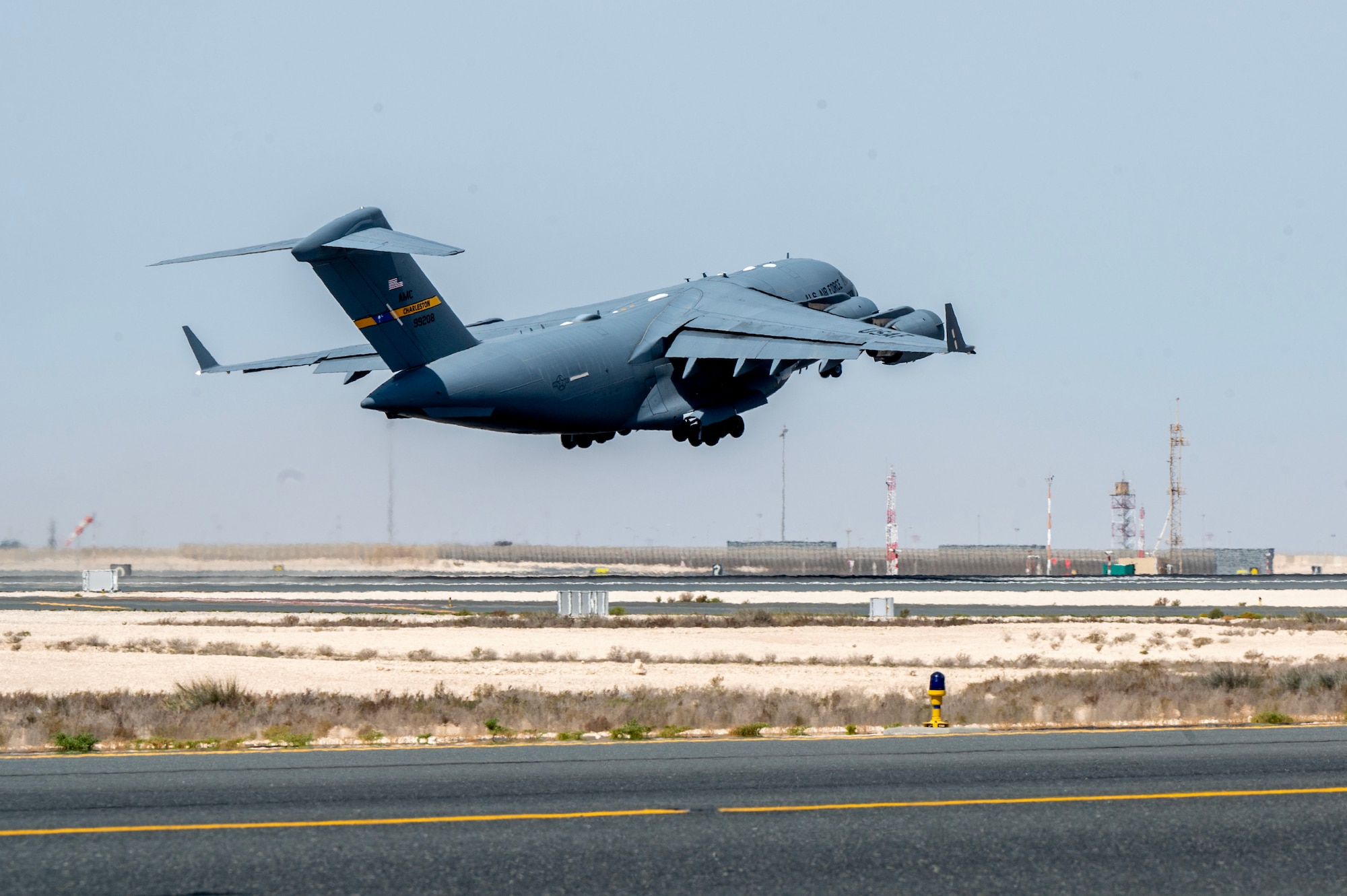 A C-17 takes off to provide humanitarian aid in Gaza.