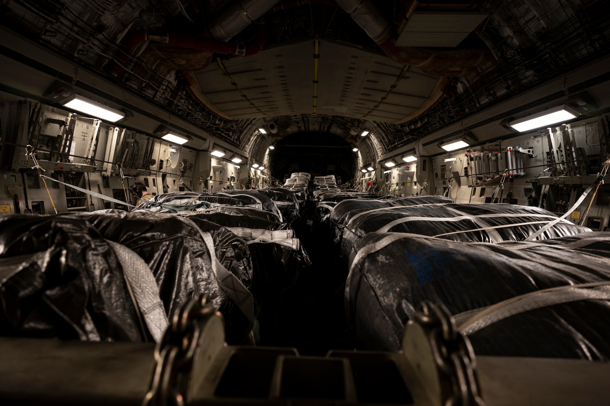 Airmen and Soldiers prepare humanitarian aid for airdrop aboard a C-17.