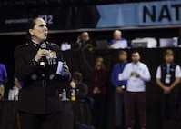 U.S. Marine Corps Major General Roberta L. Shea, Legislative Assistant to the Commandant of the Marine Corps, Office of Legislative Affairs, Headquarters Marine Corps, speaks at the National Collegiate Women’s Wrestling Championships, Cedar Rapids, IA., March 8, 2024. The National Collegiate Women’s Wrestling Championship works with Wrestle Like A Girl to promote female empowerment through the sport of wrestling. (U.S. Marine Corps photo by Cpl. Collette Hagen)