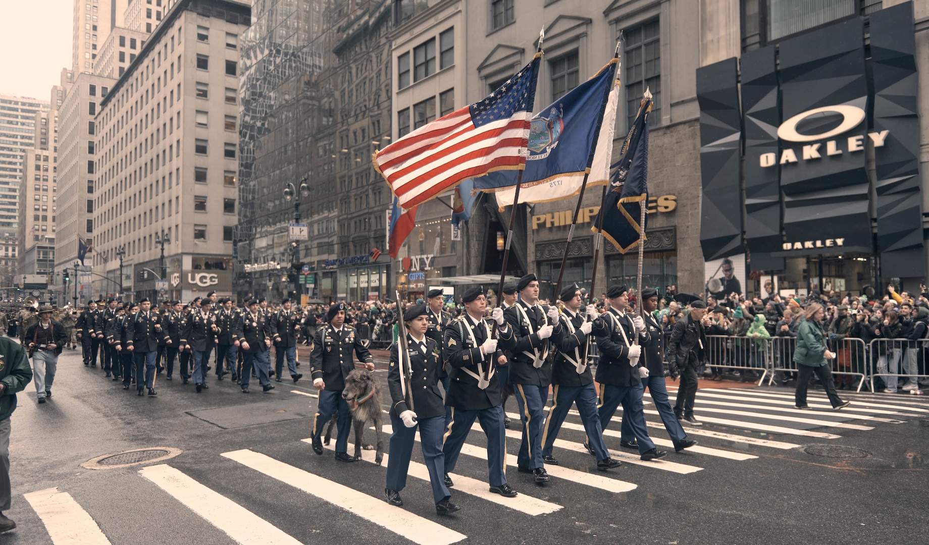 Soldiers of the New York Army National Guard's 1st Battalion, 69th Infantry Regiment, lead the St. Patrick's Day parade in New York March 17, 2022. On March 16, 2024, the battalion will lead the parade for the 173rd time.