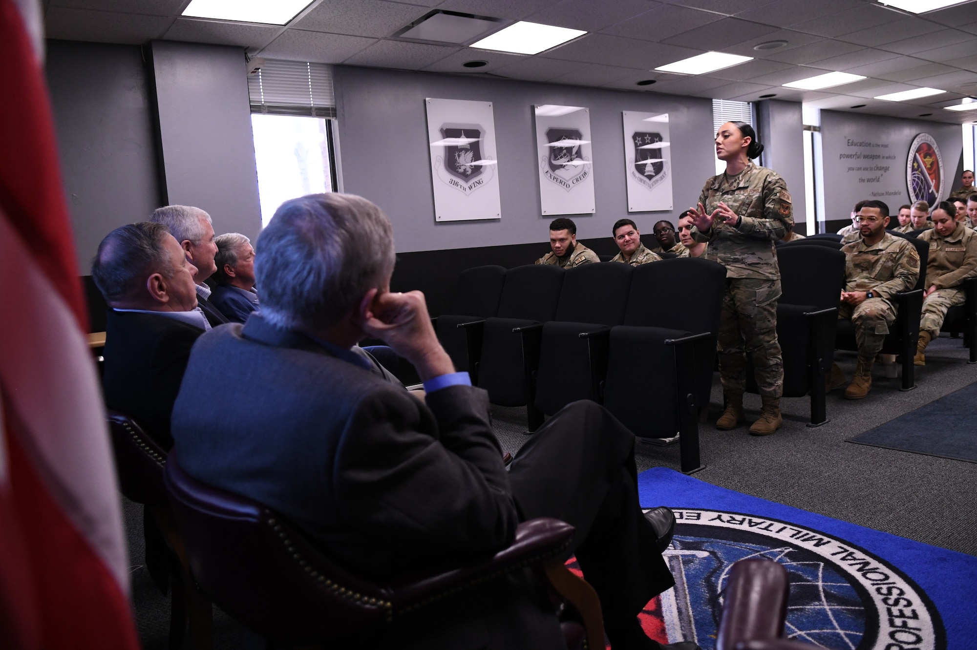 Senior Airman Mallozzi, a student at the Donald L. Harlow Airman Leadership School, addresses the panel of retired Chief Master Sergeants of the Air Force at Joint Base Andrews, Md., March 7, 2024.