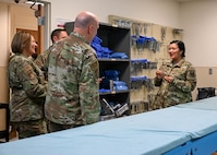 Tech. Sgt. Hilda Mata-Betancourt, 383rd Training Squadron surgical technology course instructor, guides leadership from the 59th Medical Wing through various classrooms, showcasing commonly used equipment by technical training students at the 59th Training Group, Joint Base San Antonio-Fort Sam Houston, Texas, March 1, 2024. The training group graduates over 14,500 students annually through the delivery of more than 165 formal courses and symposiums. (U.S. Air Force photo by Senior Airman Melody Bordeaux)