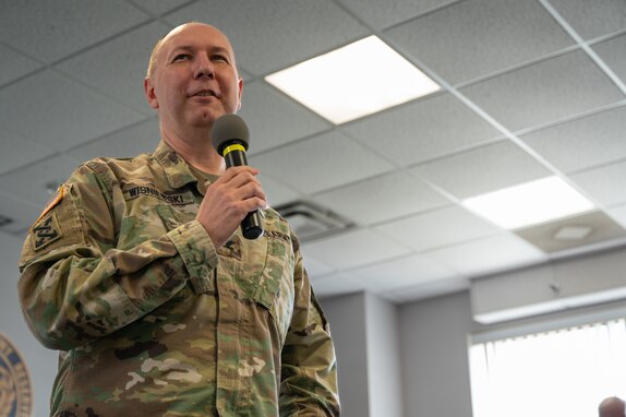U.S. Army Col. Mitchell Wisniewski, U.S. Army Support Activity commander and Joint Base McGuire-Dix-Lakehurst deputy commander, leads a discussion during a town hall meeting at JB MDL, March 8, 2024. The USASA Fort Dix engages, integrates and delivers base support and sustainment of Army Mission assets on JB MDL. (U.S. Air Force photo by Airman 1st Class Aidan Thompson