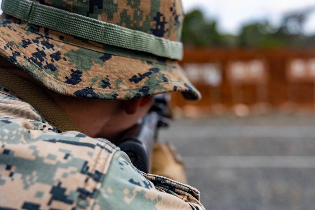 A U.S. Marine with Task Force Koa Moana 23 practices marksmanship at the Joint Range Complex in Ngatpang, Palau, Sept. 22, 2023. Task Force Koa Moana 23, composed of U.S. Marines and Sailors from I Marine Expeditionary Force, deployed to the Indo-Pacific to strengthen relationships with Pacific Island partners through bilateral and multilateral security cooperation and community engagements. (U.S. Marine Corps photo by Staff Sgt. Courtney G. White)