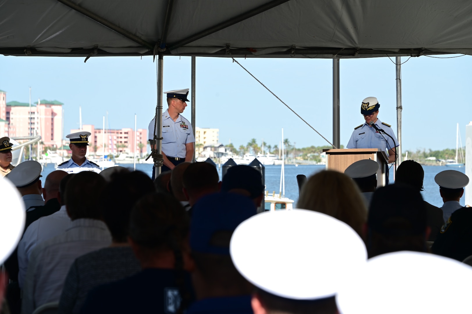 The Coast Guard held a ribbon-cutting ceremony marking the official opening of the new Coast Guard Station Fort Myers Beach facility, March 13, 2024, in Fort Myers. Station Fort Myers Beach and Coast Guard Cutter Crocodile crews will utilize the new three-story building. (U.S. Coast Guard photo by Petty Officer 3rd Class Santiago Gomez)
