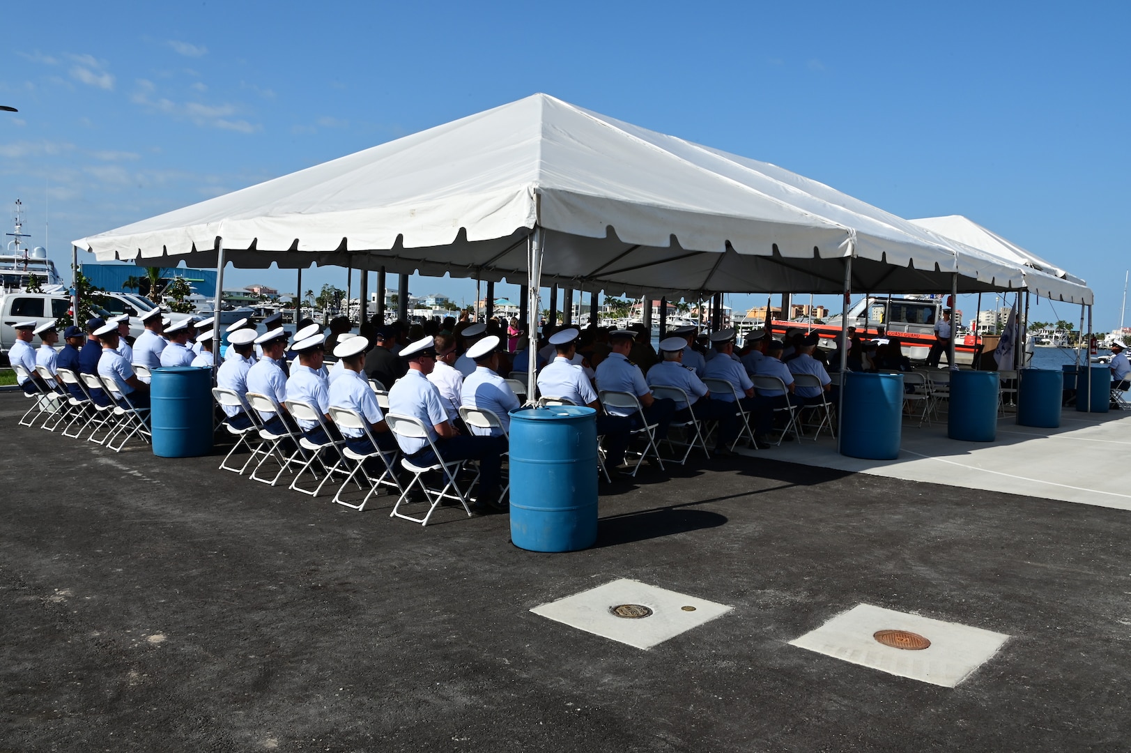 The Coast Guard held a ribbon-cutting ceremony marking the official opening of the new Coast Guard Station Fort Myers Beach facility, March 13, 2024, in Fort Myers. Station Fort Myers Beach and Coast Guard Cutter Crocodile crews will utilize the new three-story building. (U.S. Coast Guard photo by Petty Officer 3rd Class Santiago Gomez)