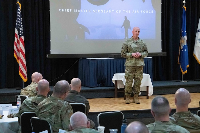 Chief Master Sergeant of the Air Force David Flosi addresses Ira C. Eaker Center’s Group Commander and Superintendents course at Maxwell AFB, Ala., Mar. 12, 2024. Flosi also addressed the Wing Command team course during his first visit to Maxwell as CMSAF.  (US Air Force photo by Melanie Rodgers Cox)