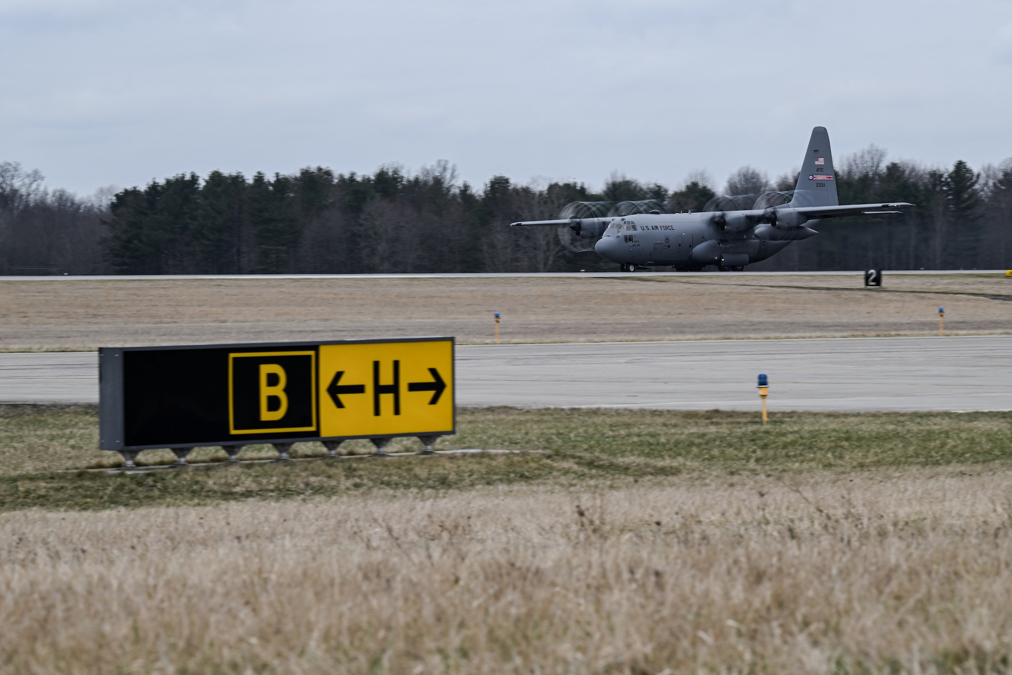 A C-130H Hercules aircraft assigned to the 757th Airlift Squadron taxis down the flightline at Youngstown Air Reserve Station, Ohio, March 3, 2024.