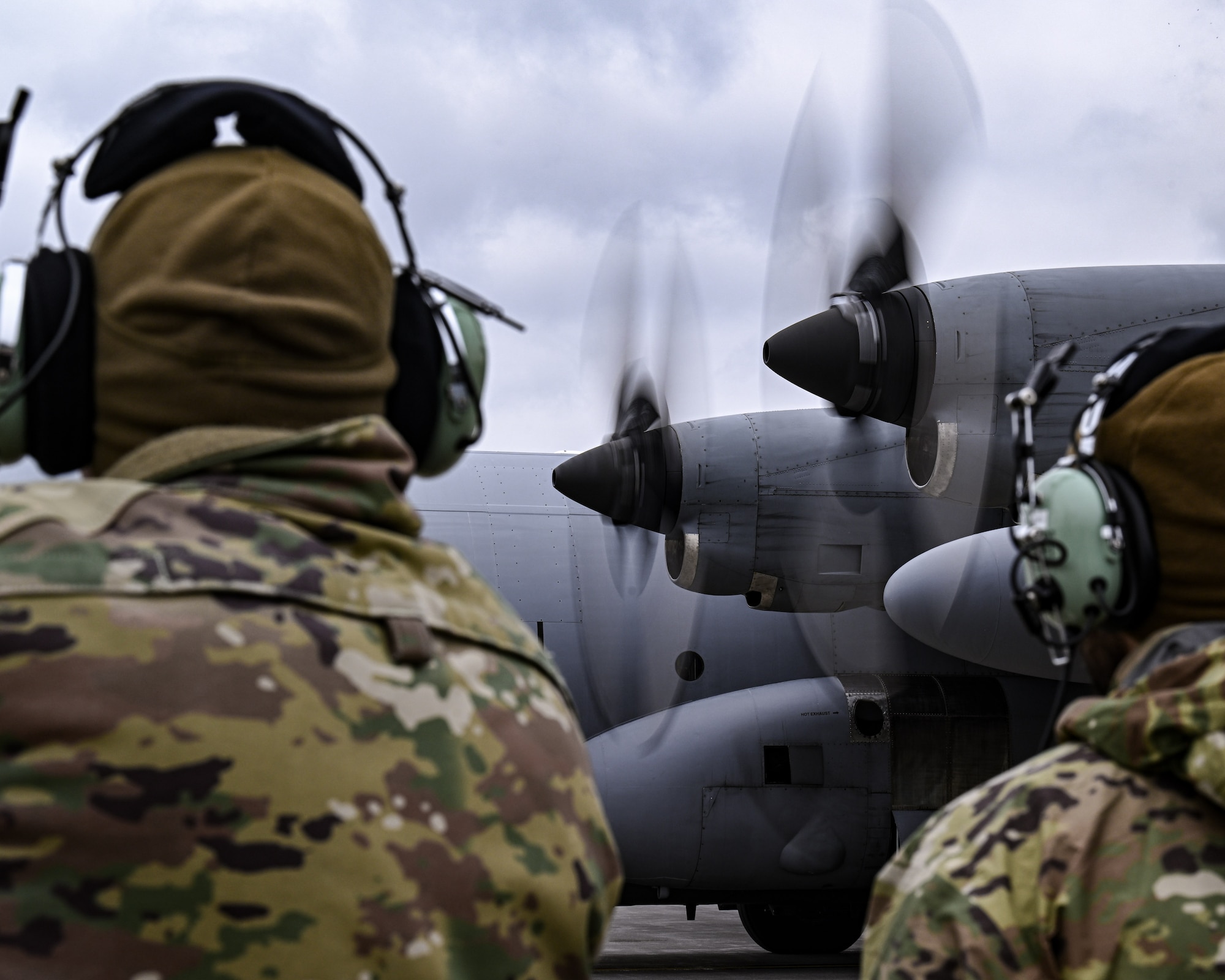 A C-130H Hercules aircraft’s propellers spin prior to takeoff at Youngstown Air Reserve Station, Ohio, March 3, 2024.