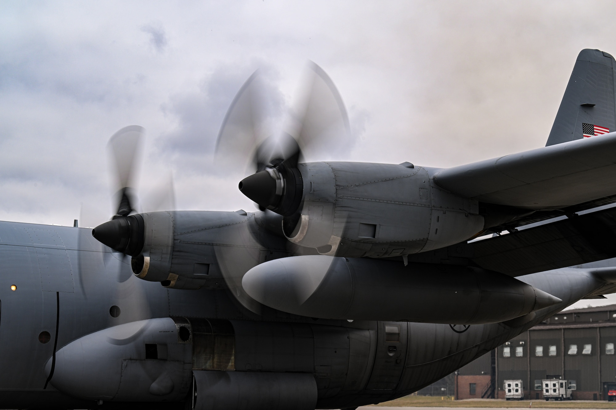 A C-130H Hercules aircraft’s propellers spin prior to takeoff at Youngstown Air Reserve Station, Ohio, March 3, 2024.