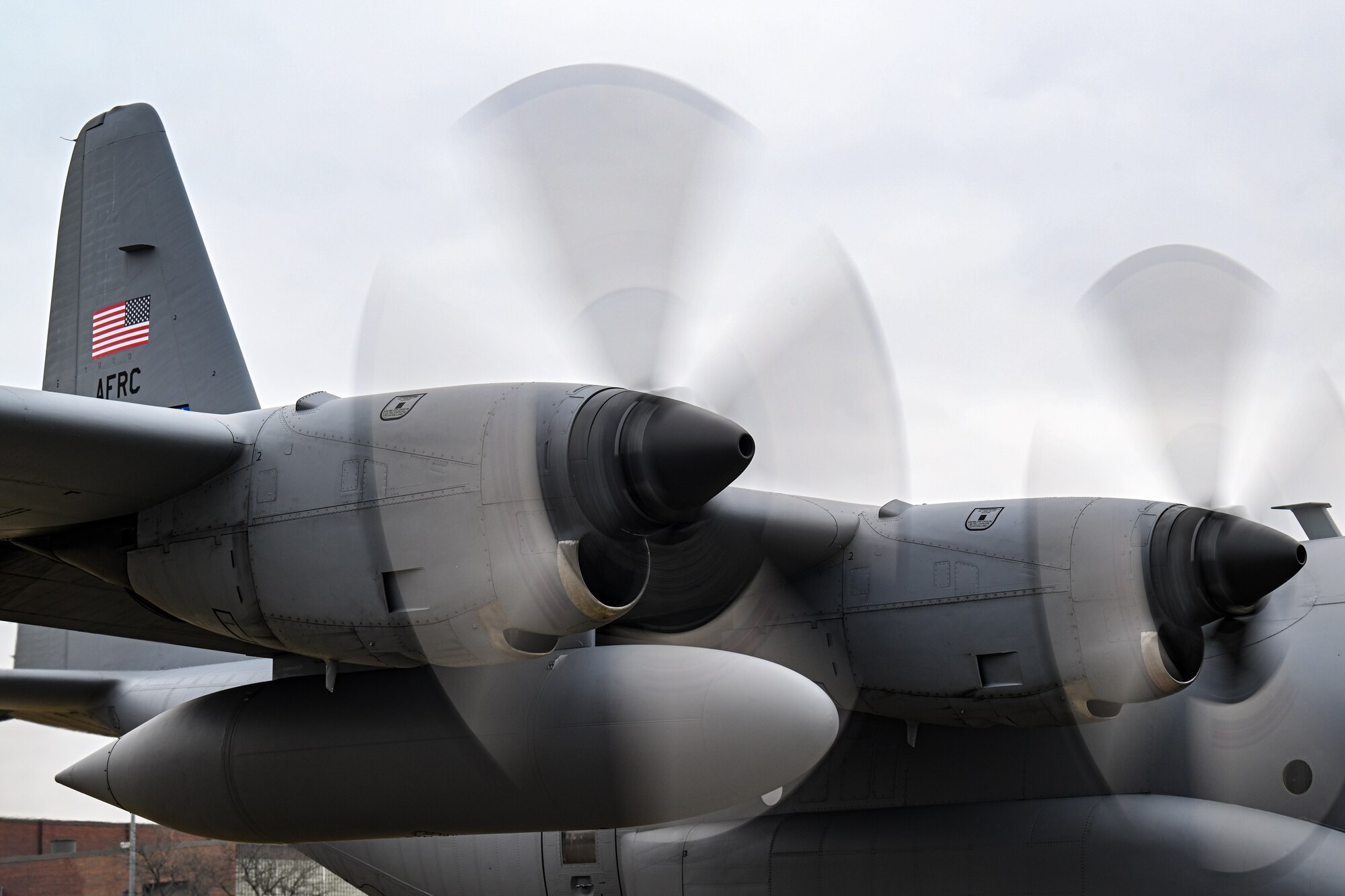 A C-130H Hercules aircraft’s propellers spin prior to takeoff at Youngstown Air Reserve Station, Ohio, March 3, 2024.